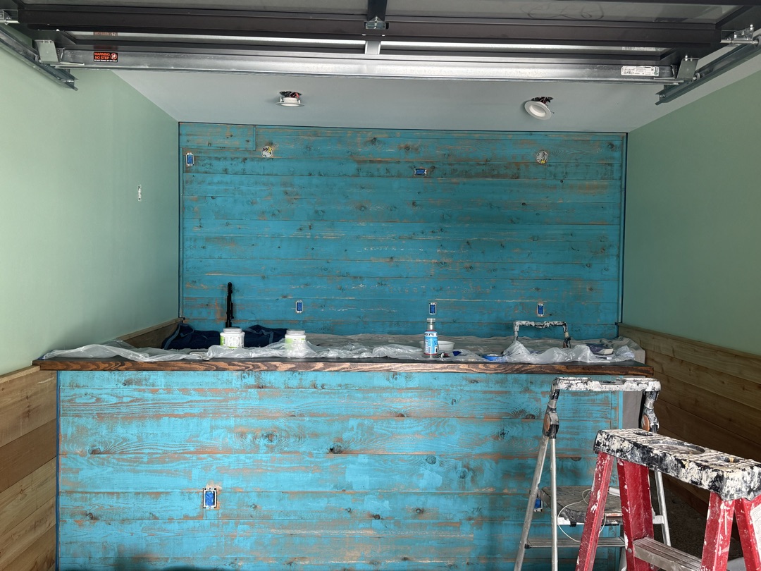 Custom bar build with blue stained wood